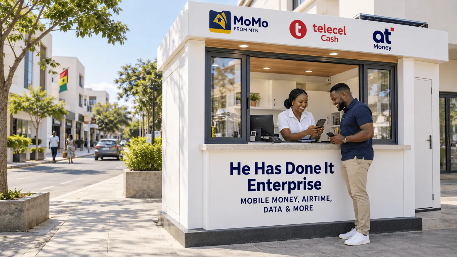 An Agent serving a customer at a Mobile Money kiosk for MTN MoMo, Telecel Cash and AT Money