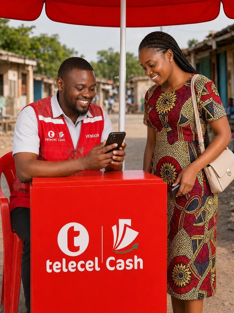 Telecel Cash Agent at his stand showing a customer his phone